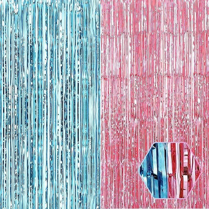 6 Pack Pink Blue Foil Fringe Curtain Backdrop, 3.28Ft x 8.2Ft Metallic Tinsel Foil Fringe Streamer Curtains for Photo Booth,Birthday, Christmas Day, New Year, Wedding Party Decorations