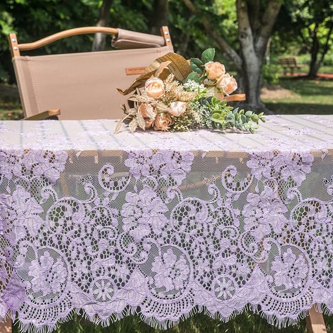 TINWIN Purple Lace Tablecloth 60x120 Inch Rectangle Vintage Runner Eyelash Fabric for Kitchen Dining Picnic Table Wedding Decor for Home Decoration Tea Party