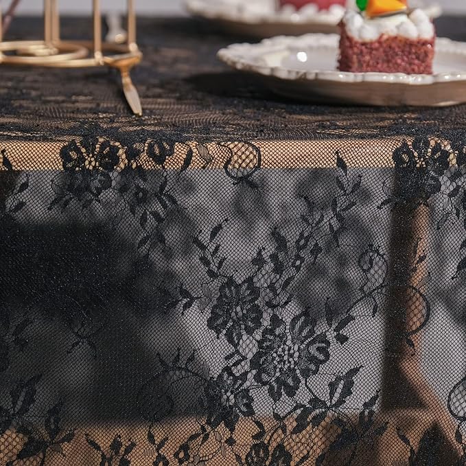 TINWIN Rectangle Lace Tablecloth 60x120 Inch Black Vintage Runner Eyelash Fabric for Kitchen Dining Picnic Table Wedding Decor for Home Decoration Tea Party Decor-4