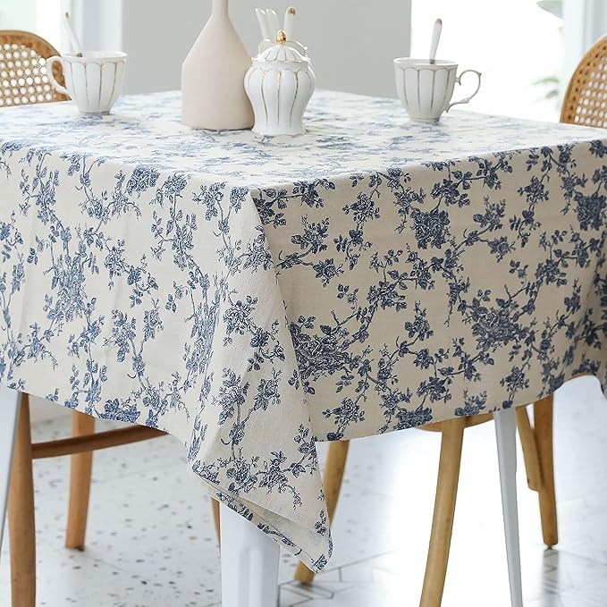 Pastoral Square Tablecloth - 52 x 52 Inch - Beige Linen Table Cloth - Washable Table Cover with Dust-Proof Wrinkle Resistant for Restaurant, Picnic, Indoor and Outdoor Dining, Floral (Dark Blue)