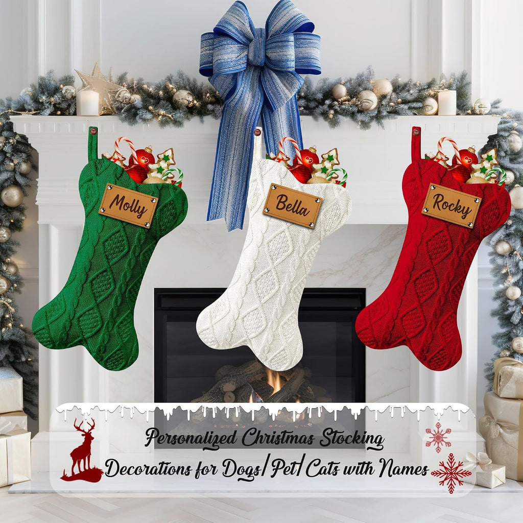 Funny DIY Personalized Dog Christmas Stocking, Large Bone Shape Cable Knit Custom Name Embroidered Dog Xmas Stockings, Knitted Hanging Stockings Pets