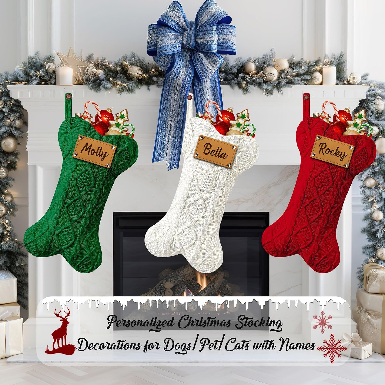 Funny DIY Personalized Dog Christmas Stocking, Large Bone Shape Cable Knit Custom Name Embroidered Dog Xmas Stockings, Knitted Hanging Stockings Pets