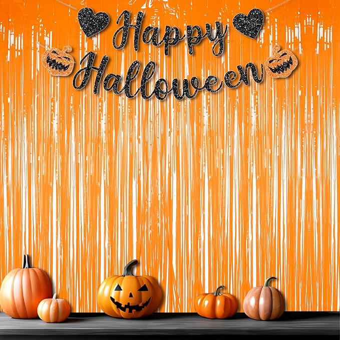 Foil Fringe Curtains Halloweens Decorations - Orange Tinsel Photo Backdrop Party Streamers for St Patricks Day, Easter, Birthdays, Fall, Pumpkin Theme, Thanksgiving, Basketball Party Decorations