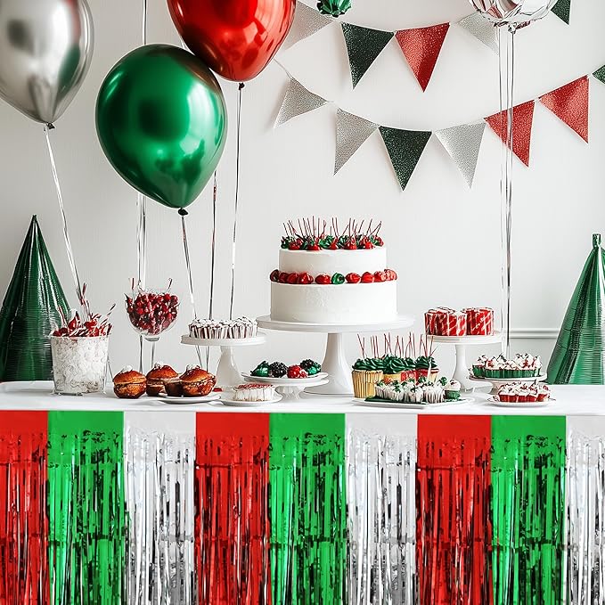 2 Pack Christmas Table Skirts, 29x108" Red & Silver & Green Metallic Foil Tinsel Fringe Table Skirts for Rectangle Tables Streamer Curtain Backdrop, Party Decoration for Xmas Birthday Wedding Holiday