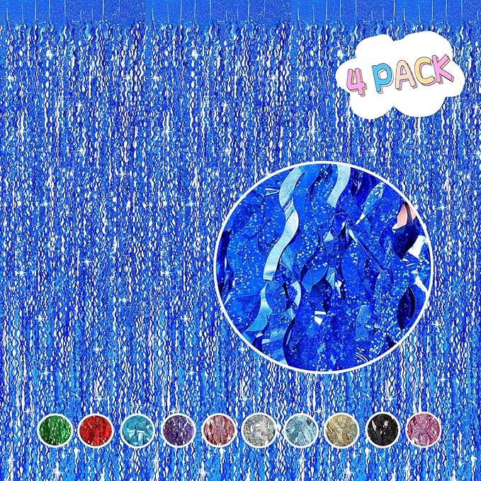 4 Pack Navy Blue Wavy Foil Fringe Curtains Party Decorations - 3.3 ft x 6.6 ft Streamer Tinsel Curtain Party Photo Backdrops for Birthday Party