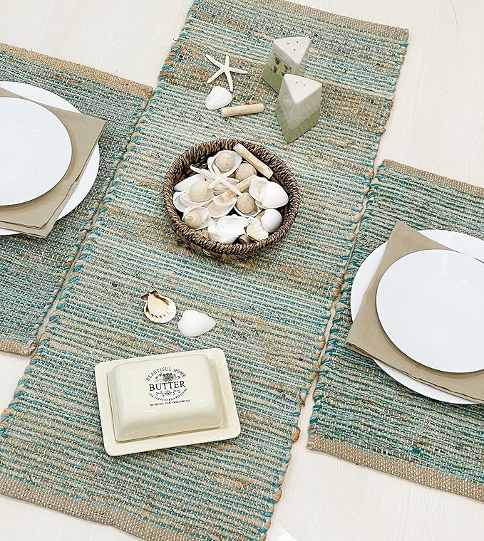 Chardin home Natural Jute Table Runner 13x36 Inch – Vintage Boho Rustic Table Decor – Handwoven Table Runner in Natural Jute and Aqua Turquoise – Farmhouse Dining or Console Table Accent