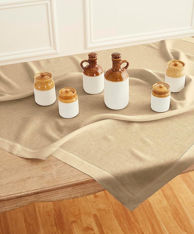 Solino Home Linen Square Tablecloth 52 x 52 Inch - 100% Pure Linen Beige Table Throw - Classic Hemstitch, Machine Washable Table Cloth for Fall, Autumn, Thanksgiving