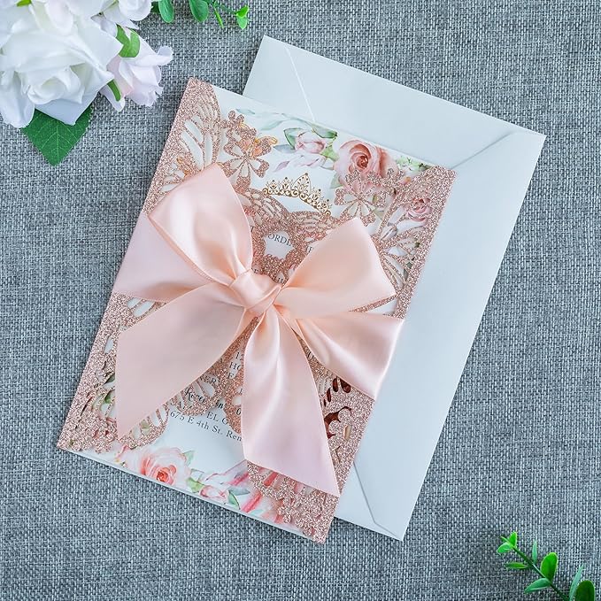 20 PCS 5.12x7.2 Butterfly Personalized Quinceanera Invitation, Customized XV Anos Laser Cut Invitation Cards with Envelopes (Rose Gold Personalized)