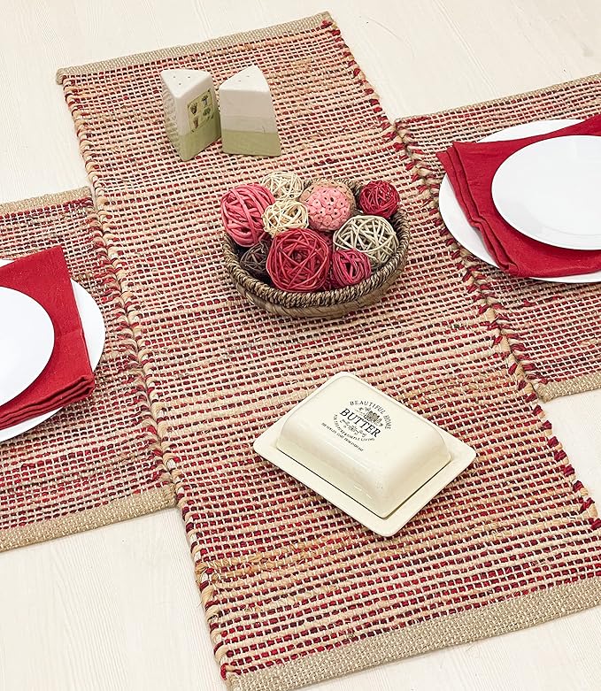 Chardin home Natural Jute Table Runner 13x48 Inch – Vintage Boho Rustic Table Decor – Handwoven Table Runner in Natural Jute and Red – Farmhouse Dining or Console Table Accent