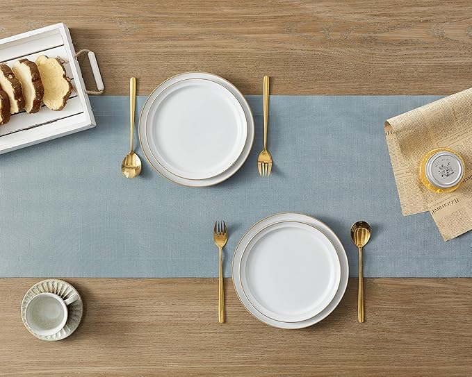 ZeeMart Linen Textured Border Table Runner, 14 x 108 Inch Blue, Farmhouse Style Dusty Blue Table Runners 108 Inches Long, Easy Care Everyday Polyester Table Runner