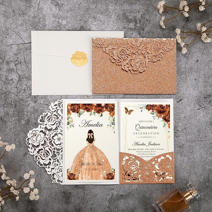 DORIS HOME 50pcs Laser Cut Quinceanera Invitations Terracotta Glitter, 4.7x7.1 Personalized Quince Invitations for 15th Birthday, Invitation cards for Sweet 16 with Envelopes
