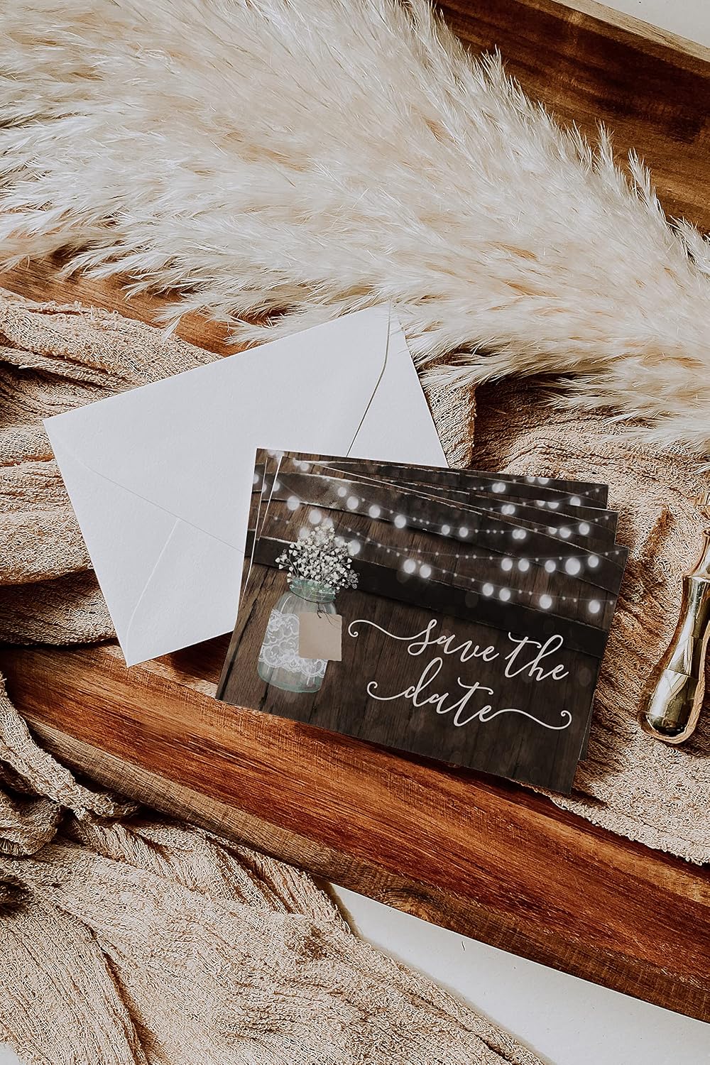 Your Main Event Prints 50 Rustic Mason Jar Save The Date Cards for Wedding, Engagement, Anniversary, Baby Shower, Birthday Party, Wood Save The Dates Postcard Invitations (Pack of 2)