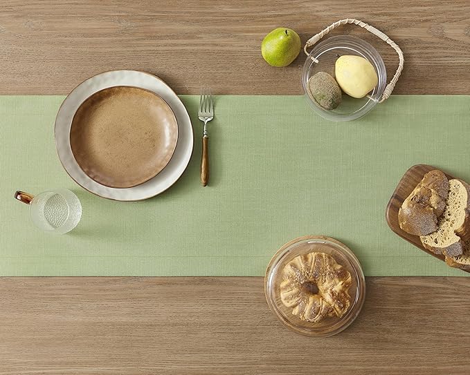 ZeeMart Linen Textured Border Table Runner, 14 x 48 Inch Green, Farmhouse Style Sage Green Table Runners 48 Inches Long, Easy Care Everyday Polyester Table Runner