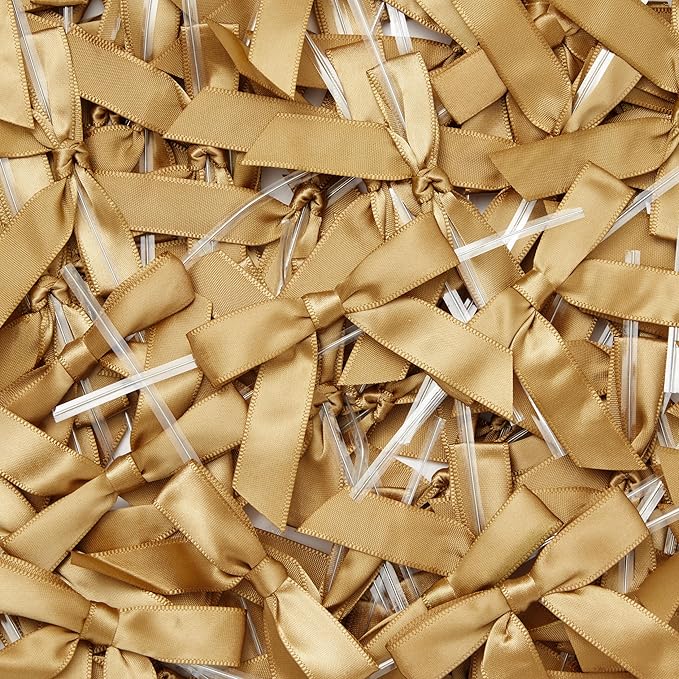 Juvale Satin Twist Tie Bows - Gold Twist Tie Bow Accents - Mini Ribbons for Crafts & Treat Bag Decor - 100 Pack, 3 x 2.5 in, 5.7 in Bands