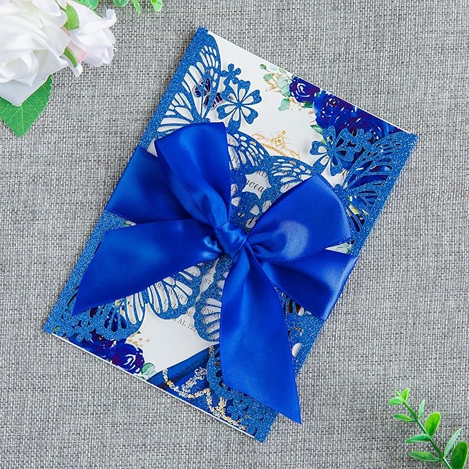 20 PCS 5.12x7.2 Butterfly Quinceanera Invitation, Laser Cut Wedding Invitation Cards with Envelopes for XV Anos Bridal Shower Baby Shower Invite (Blue Glitter)