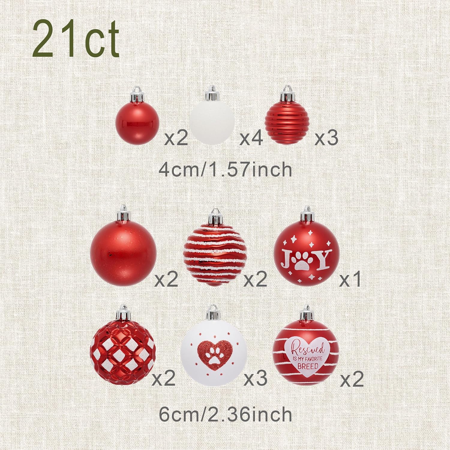 DecorbyHannah Christmas Ornaments Set, 21ct Red and White Ornaments for Christmas Tree Decorations, Pet Dog Shatterproof Plastic Decorative Hanging Ball Bulk for Xmas Holiday Indoor Party Decor