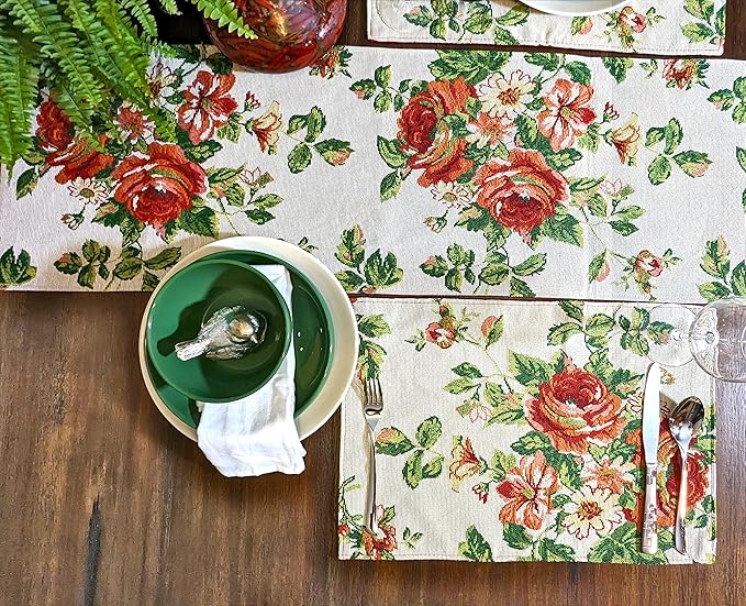 Tache Sweet Roses Spring Summer Traditional Country Vintage White Red Floral Decorative Woven Tapestry Kitchen Coffee Table Runners Scarfs, 13x72