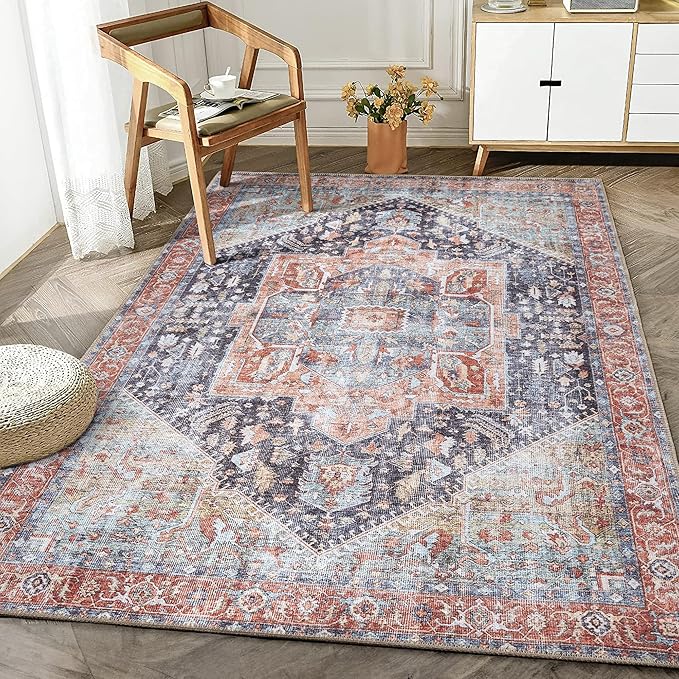 Bloom Rugs Washable Non-Slip 3' x 5' Rug - Terracotta/Blue Traditional Medallion Area Rug for Living Room, Bedroom, Dining Room, and Kitchen - Exact Size: 3' x 5'