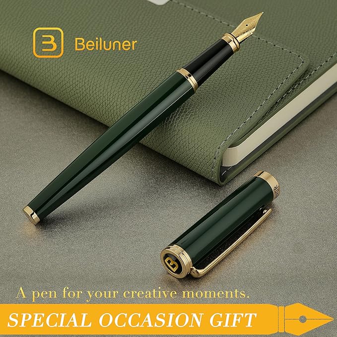 BEILUNER Racing Green Fountain Pen,Stunning Luxury Pens with 24K Gold Finish, Gorgeous 24K Gilded Nib(Fine), Trustworthy Gift for Men&Women -Ink Converter-Elegant, Graduation,Fancy Pen for Writing
