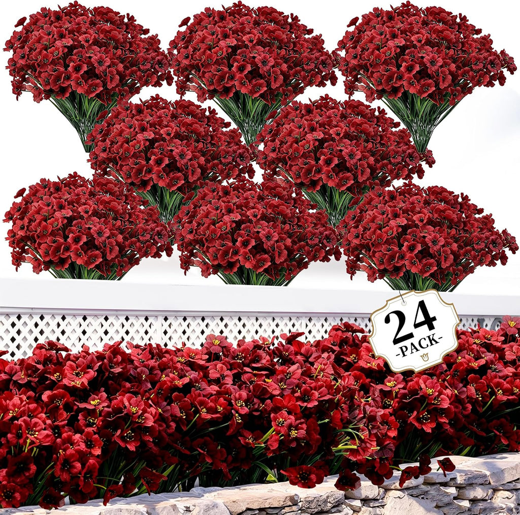 coloplay 24 bundles burgundy artificial flowers for outdoors shown in use