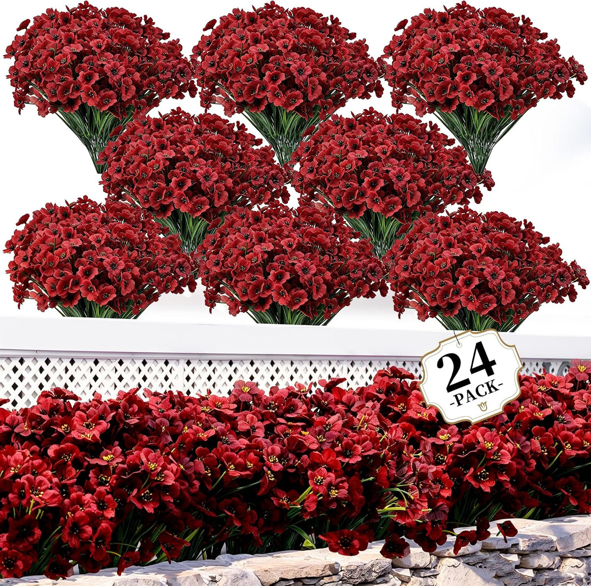 coloplay 24 bundles burgundy artificial flowers for outdoors shown in use