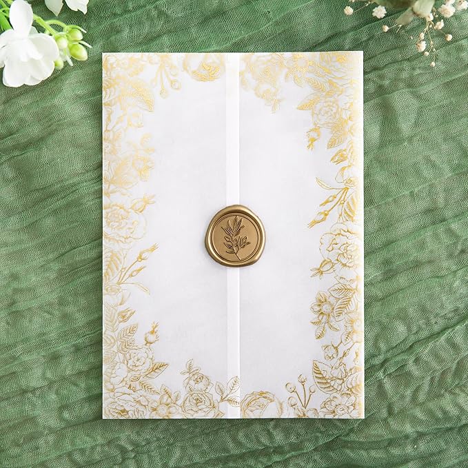 PONATIA 50 PCS Vellum Jackets for 5x7 Invitations- 135gsm Gold Foil Print Floral Printed Vellum Sleeves, Quinceanera Wedding Invitation Cards Wraps, Transparent Christmas Gift Cards Jackets