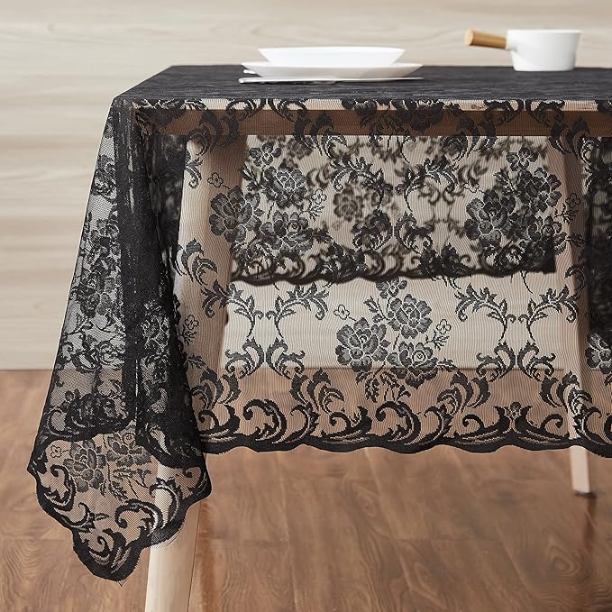 LinenZone Black Rectangle Tablecloth for Rustic Vintage Decor. Sheer Lace Table Cloth Works Great As Wedding Tablecloth or Thanksgiving Table Cover. (Mia TC 60 x 120, Black)