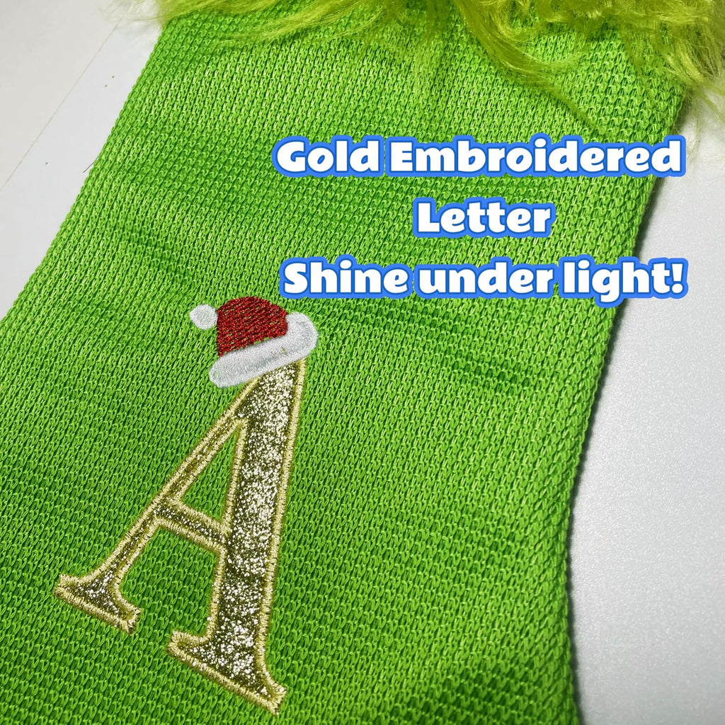 Green Christmas Stockings with Initials, 18” Knit Monogram Christmas Stockings with Golden Letter, Large Personalized Christmas Stocking for Christmas Tree Fireplace Home Decor