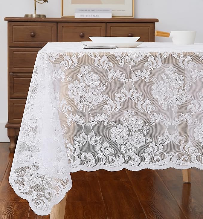 LinenZone Square White Tablecloth for Rustic Vintage Decor. Sheer Lace Table Cloth Works Great As Wedding Tablecloth or Thanksgiving Table Cover. (Mia TC 60 x 60, White)