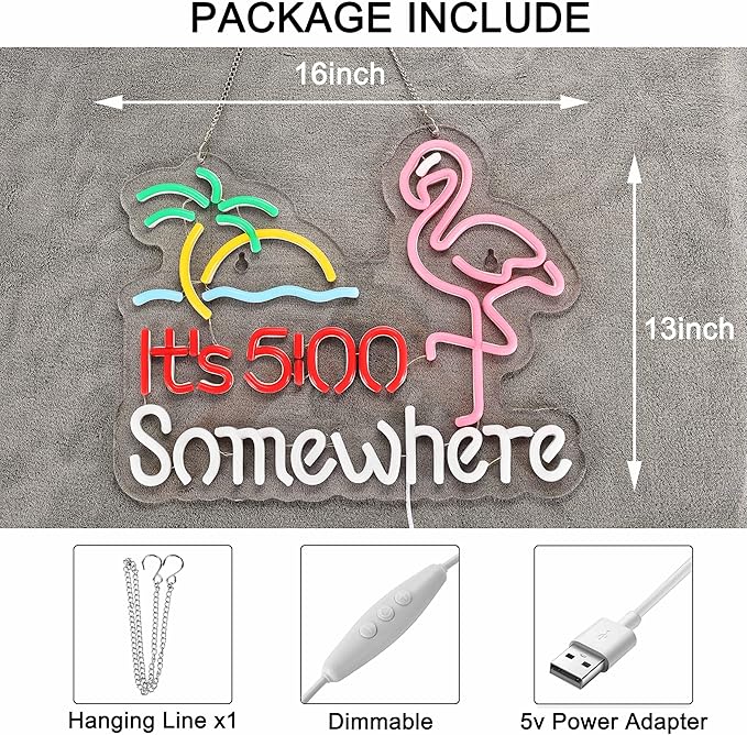 Flamingo Its 5 00 O'clock Somewhere Neon Sign for Wall Décor Dimmable LED Bar Beer Neon Light USB Powered Neon Art Signs