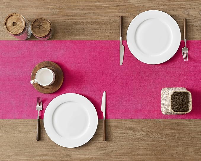 ZeeMart Linen Textured Border Table Runner, 14 x 90 Inch Hot Pink, Farmhouse Style Pink Table Runners 90 Inches Long, Easy Care Everyday Polyester Table Runner