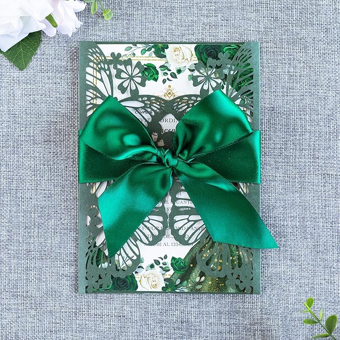 20 PCS 5.12x7.2 Butterfly Personalized Quinceanera Invitation, Customized XV Anos Laser Cut Invitation Cards with Envelopes (Emerald Green Personalized)