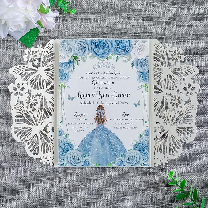 20 PCS 5.12x7.2 Butterfly Quinceanera Invitation, Laser Cut Wedding Invitation Cards with Envelopes for XV Anos Bridal Shower Baby Shower Invite (Silver Glitter)