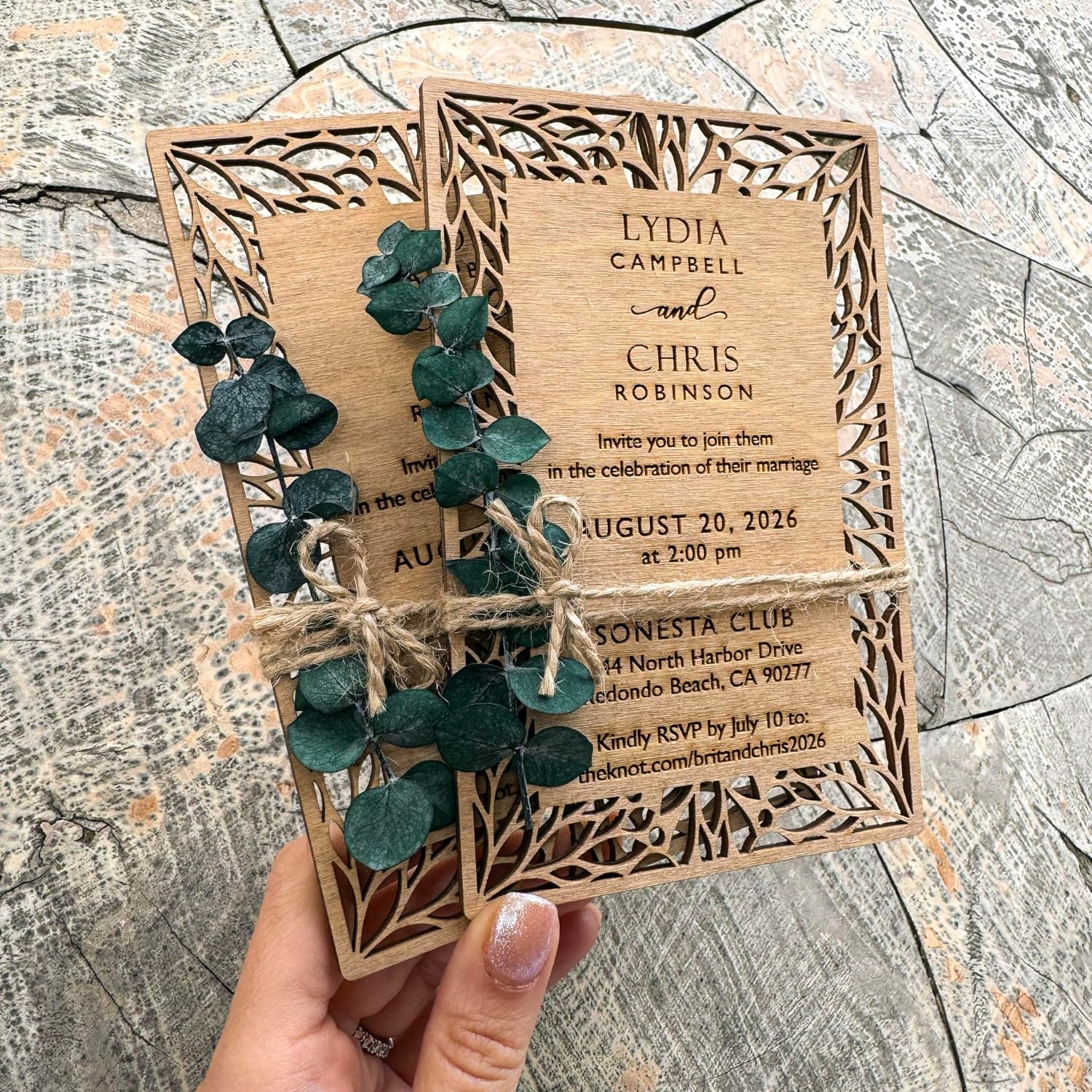 Pack of Floral Personalized Wedding Invitations - Laser Cut Wedding Invitation - Flower Twined Wooden Invitations with Envelopes & Stickers