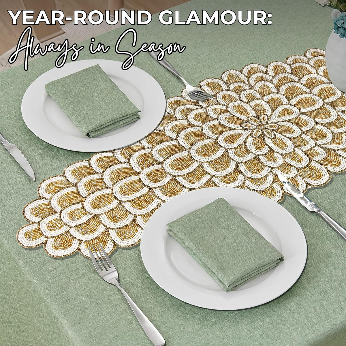 CLEENTABLE Gold Beaded Table Runner, 36 in, Farmhouse Holiday Décor