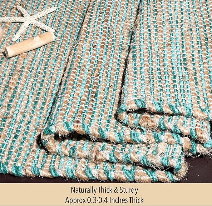 Chardin home Natural Jute Table Runner 13x36 Inch – Vintage Boho Rustic Table Decor – Handwoven Table Runner in Natural Jute and Aqua Turquoise – Farmhouse Dining or Console Table Accent