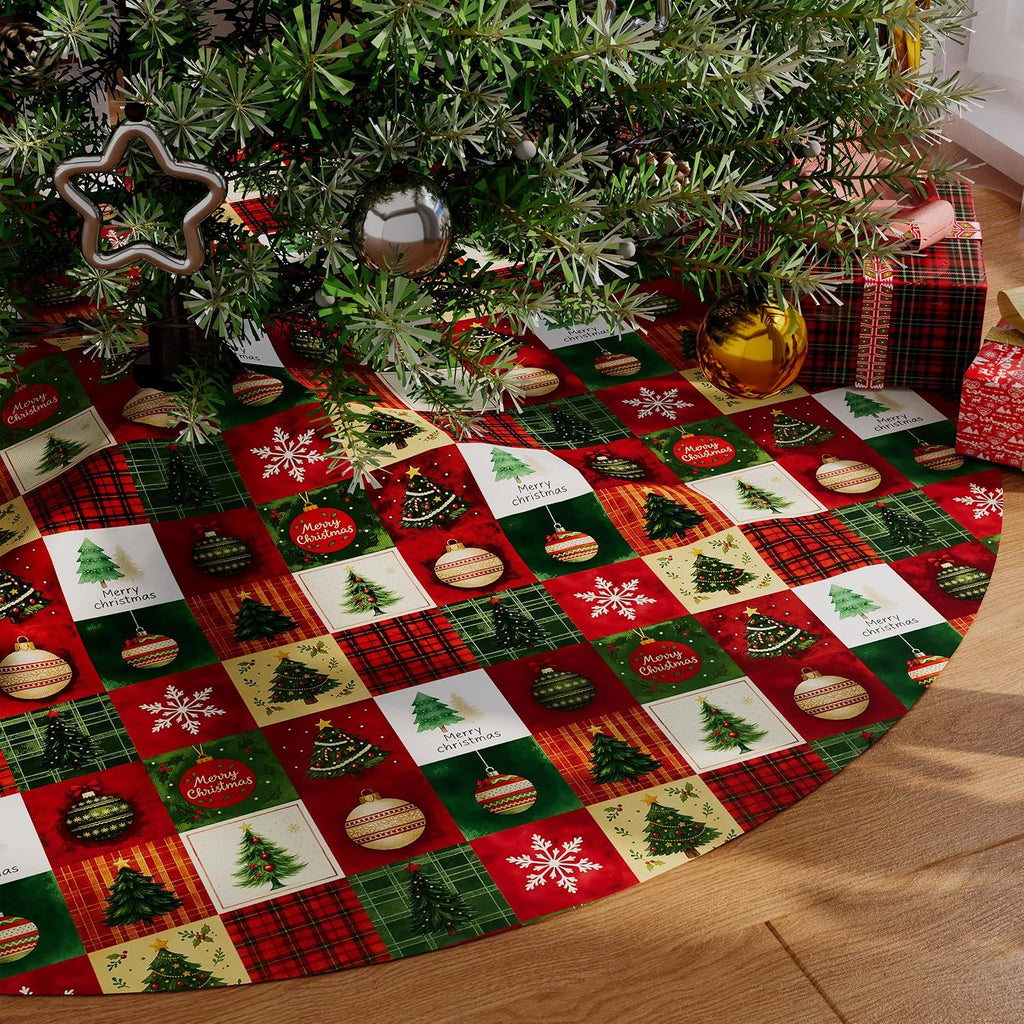 Christmas Tree Skirt 48 Inch, Red Christmas Tree Skirt Snowflake Ball Funny Xmas Decor Seasonal Winter Holiday Indoor Home Party Decorations