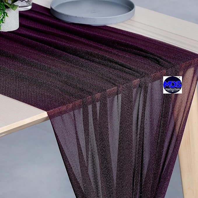 MDS 2 Pack 14ft Chiffon Table Runner 29 x 170 Inches Sheer Wedding Runner Romantic Rustic Table Runner for Wedding Decorations, Birthday Parties, Bridal Shower Party Arch Decor - Eggplant
