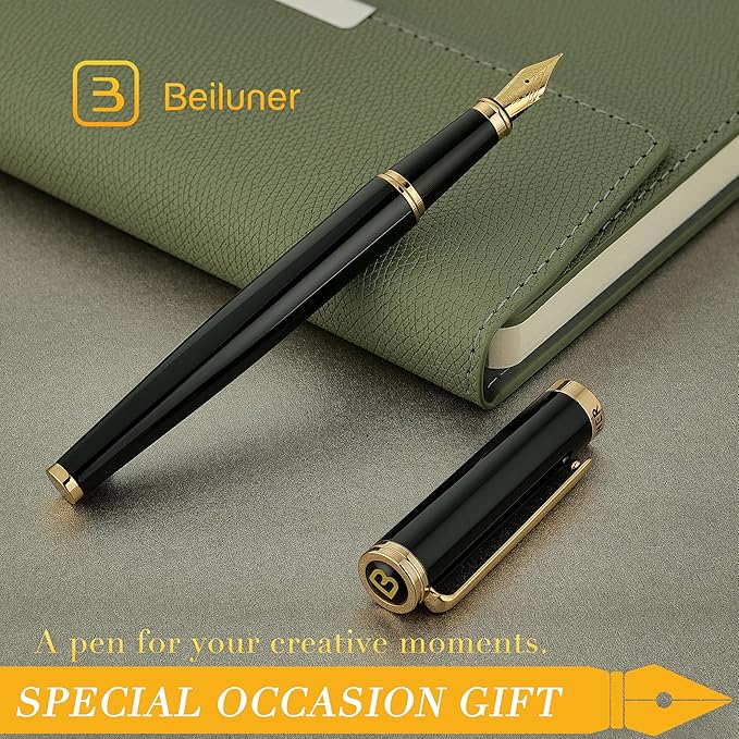 BEILUNER Black Fountain Pen,Stunning Luxury Pens with 24K Gold Accents, Gorgeous 24K Gilded Nib(Fine), Trustworthy Pen Gift for Men&Women -Ink Converter-Elegant, Reliable,Fancy Pen for Writing
