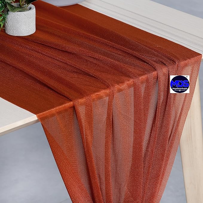 MDS 2 Pack 10ft Chiffon Table Runner 29 x 120 Inches Sheer Wedding Runner Romantic Rustic Table Runner for Wedding Decorations, Birthday Parties, Bridal Shower Party Arch Decor - Terracotta