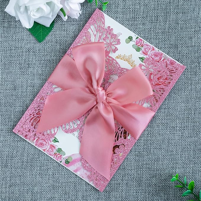 20 PCS 5.12x7.2 Butterfly Quinceanera Invitation, Laser Cut Wedding Invitation Cards with Envelopes for XV Anos Bridal Shower Baby Shower Invite (Pink Glitter)