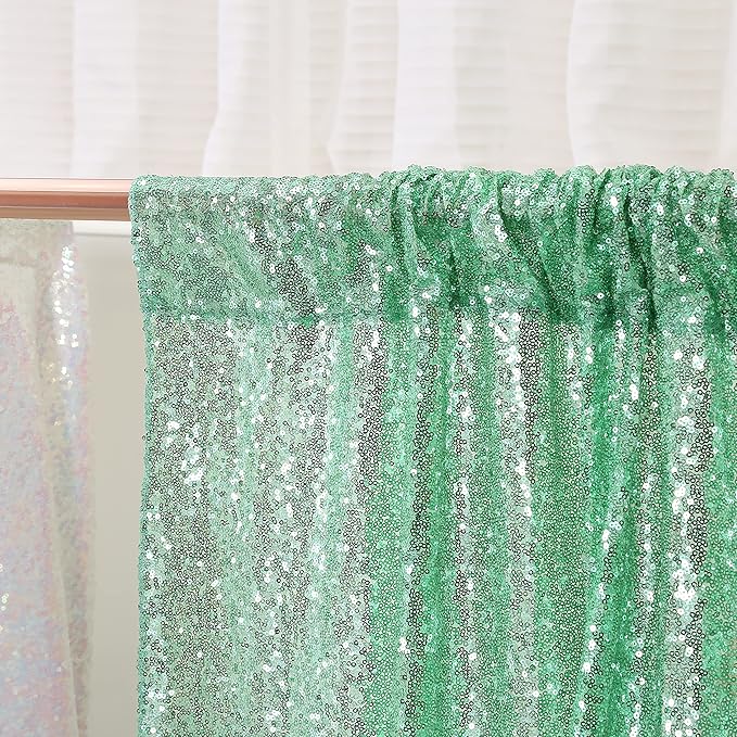 Poise3EHome Mint Green Sequin Backdrop Curtain, 2 Panels, 2FTx8FT, Polyester, for Party Wedding Sequence Decoration