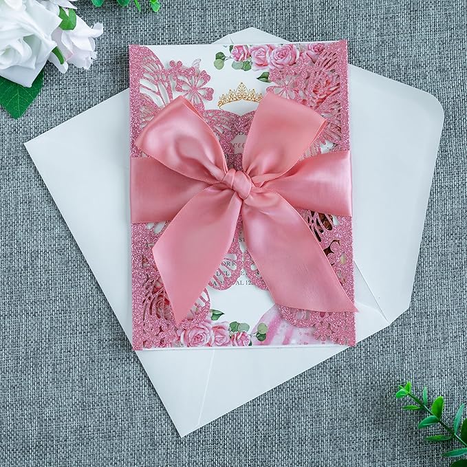20 PCS 5.12x7.2 Butterfly Quinceanera Invitation, Laser Cut Wedding Invitation Cards with Envelopes for XV Anos Bridal Shower Baby Shower Invite (Pink Glitter)