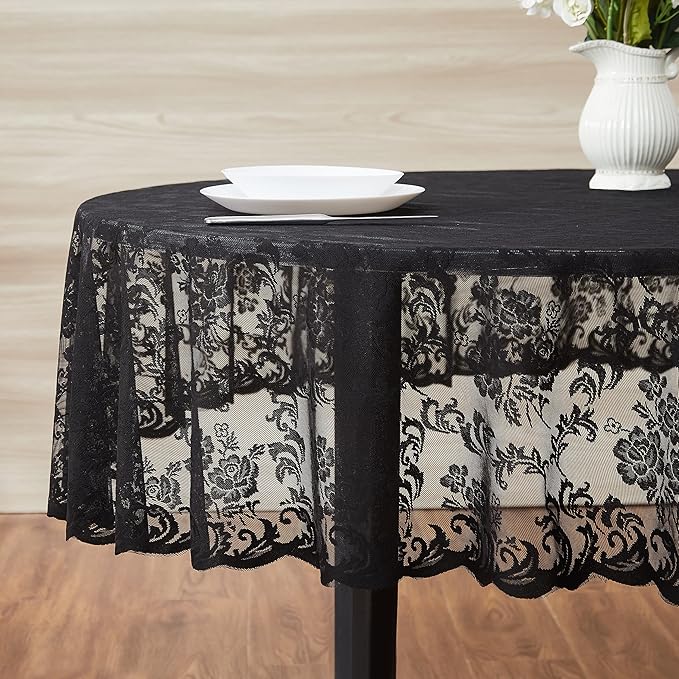 LinenZone Black Oval Tablecloth for Rustic Vintage Decor. Sheer Lace Tablecloth Works Great As Wedding Tablecloth, Thanksgiving Tablecloth or Christmas Tablecloth (Mia Oval 72, Black)