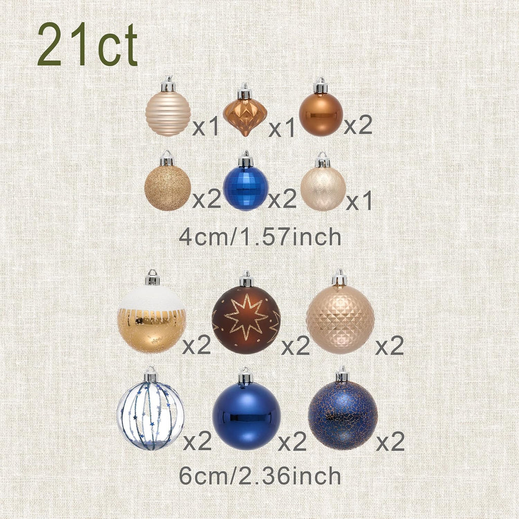 DecorbyHannah Christmas Ornaments Set, 21ct Blue Copper Gold Ornaments for Christmas Tree Decorations, Celestial Shatterproof Plastic Decorative Hanging Ball Bulk for Xmas Holiday Indoor Party Decor