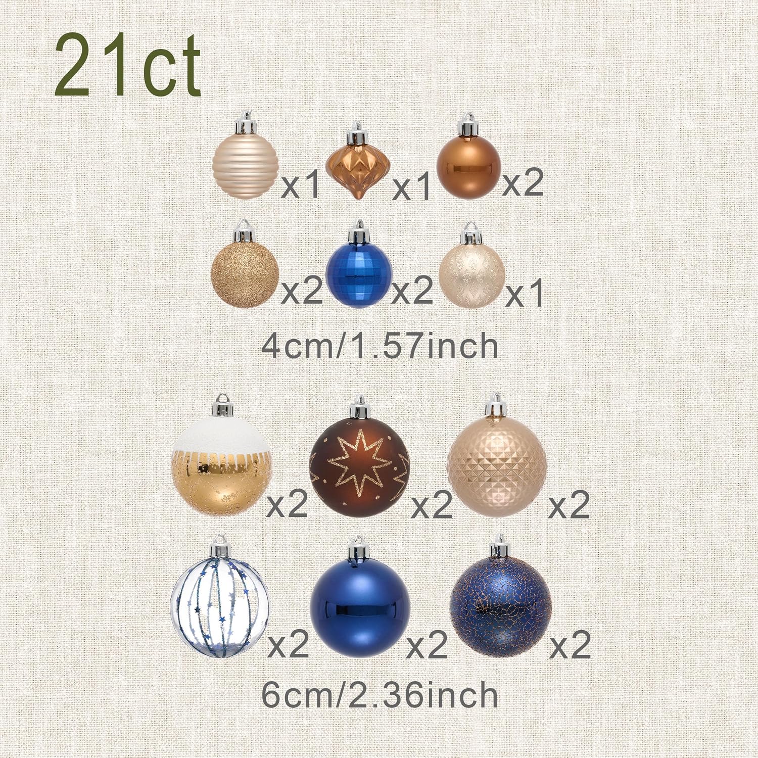 DecorbyHannah Christmas Ornaments Set, 21ct Blue Copper Gold Ornaments for Christmas Tree Decorations, Celestial Shatterproof Plastic Decorative Hanging Ball Bulk for Xmas Holiday Indoor Party Decor