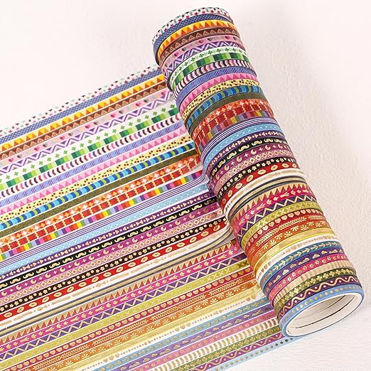 emmoolife 50 Rolls Skinny Washi Tape Set 3mm Wide, Gold Foil Print Masking Thin Basic Patterns Decorative Tapes for Scrapbooking, Junk Journal Supplies, Bullet Journaling, Craft Tape for Women Girl