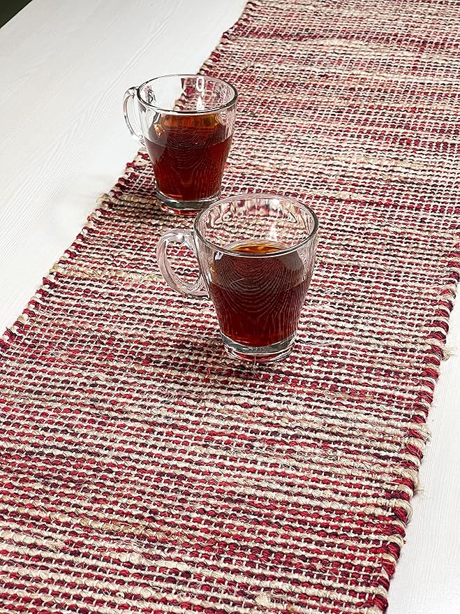 Chardin home Natural Jute Table Runner 13x72 Inch – Vintage Boho Rustic Table Decor – Handwoven Table Runner in Natural Jute and Red – Farmhouse Dining or Console Table Accent