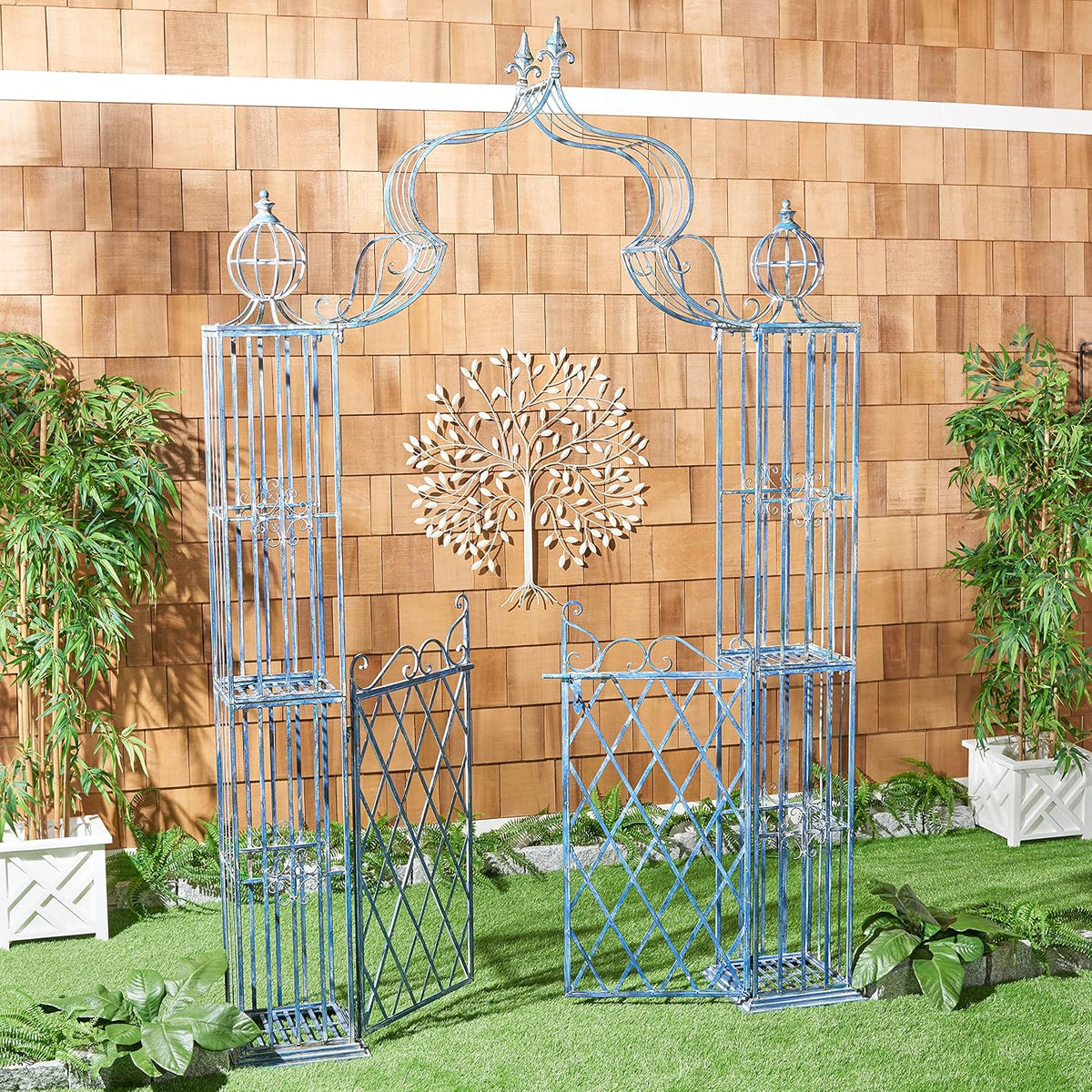 SAFAVIEH Outdoor Beatrix Metal Garden Arbor, 107.8" Mossy Blue PAT5012C