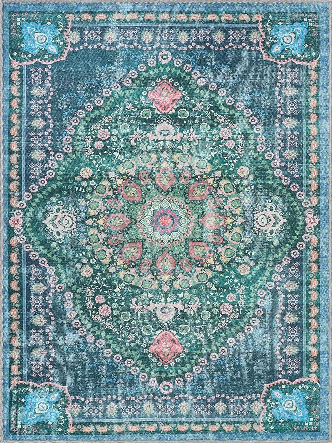 Bloom Rugs Washable Non-Slip 5' x 7' Rug - Green Traditional Medallion Area Rug for Living Room, Bedroom, Dining Room, and Kitchen - Exact Size: 5' x 7'